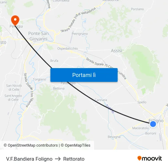 V.F.Bandiera Foligno to Rettorato map