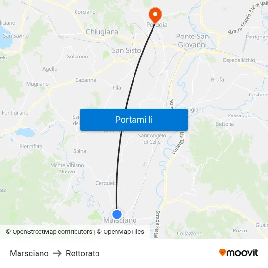 Marsciano to Rettorato map