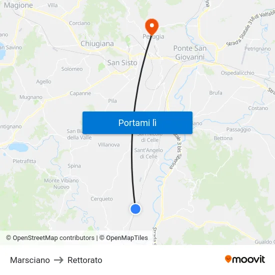 Marsciano to Rettorato map