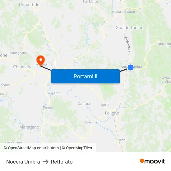 Nocera Umbra to Rettorato map