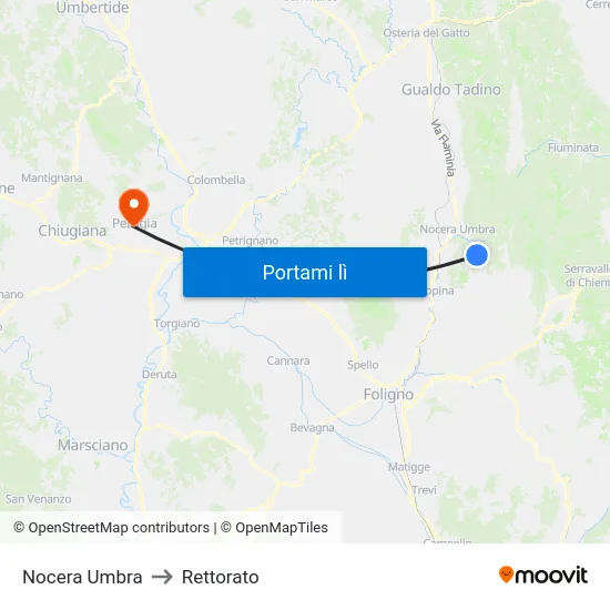 Nocera Umbra to Rettorato map