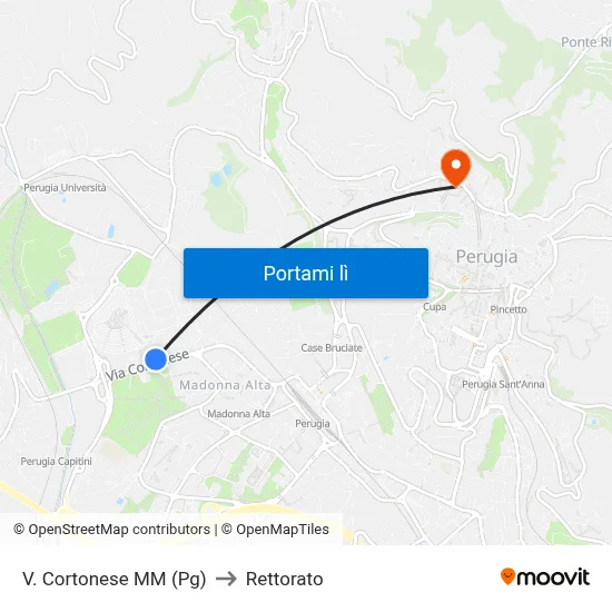 V. Cortonese M​M (Pg) to Rettorato map