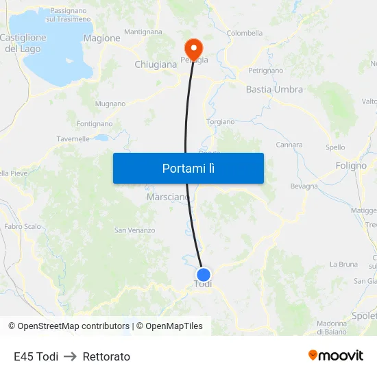 E45 Todi to Rettorato map