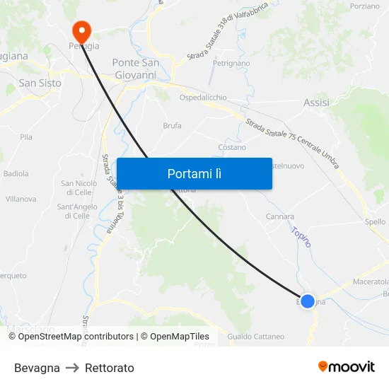 Bevagna to Rettorato map