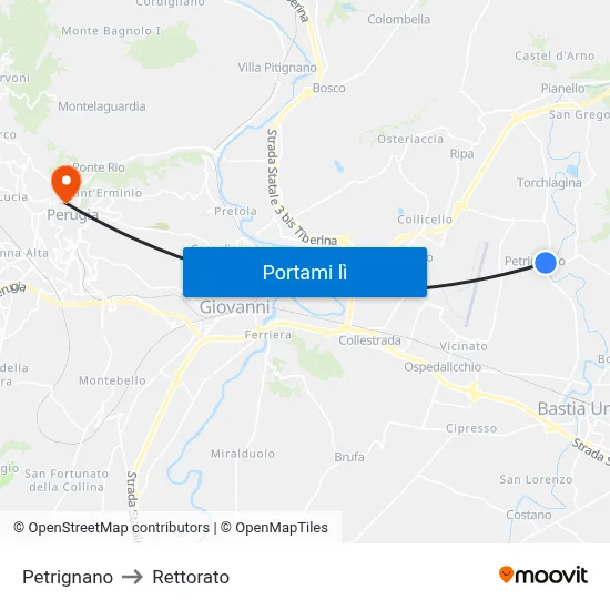 Petrignano to Rettorato map