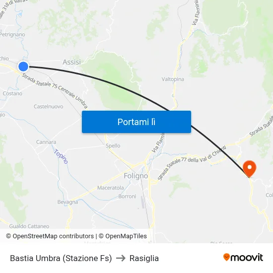 Bastia Umbra (Stazione Fs) to Rasiglia map