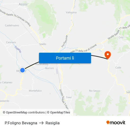 P.Foligno Bevagna to Rasiglia map