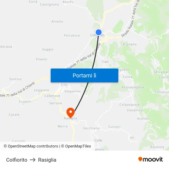 Colfiorito to Rasiglia map