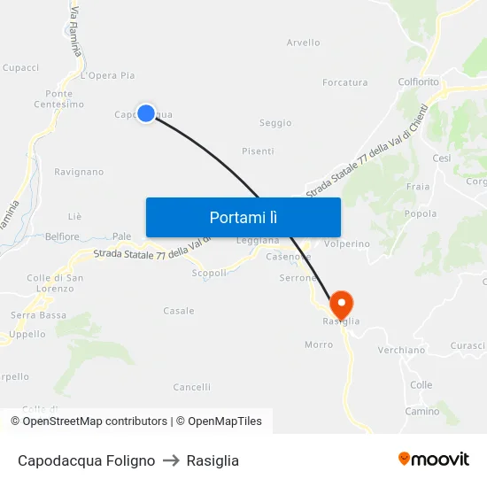 Capodacqua Foligno to Rasiglia map