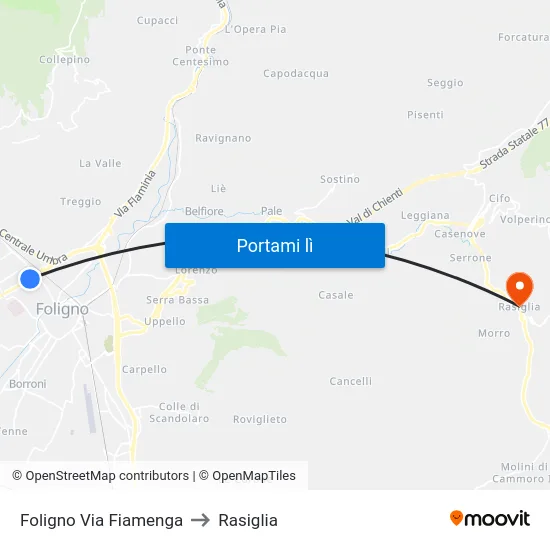 Foligno Via Fiamenga to Rasiglia map
