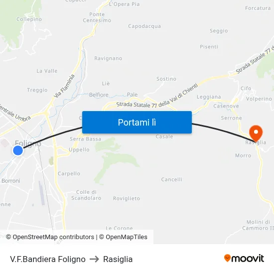 V.F.Bandiera Foligno to Rasiglia map
