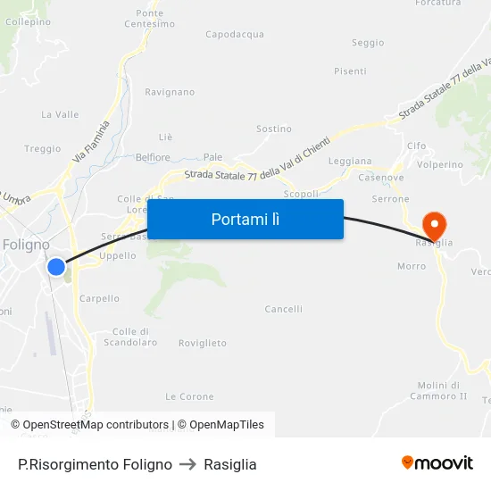 P.Risorgimento Foligno to Rasiglia map