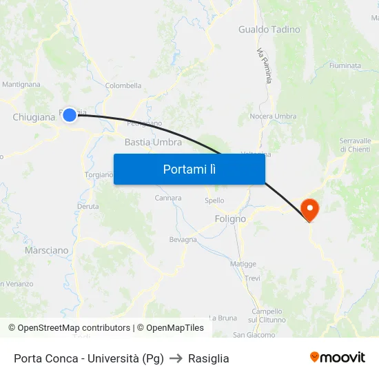 Porta Conca - Università (Pg) to Rasiglia map