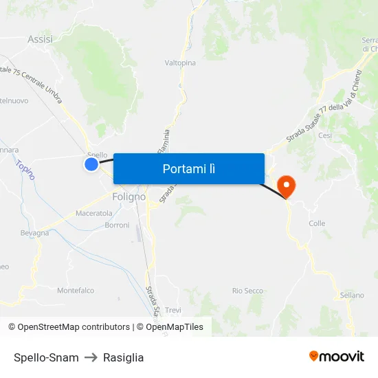 Spello-Snam to Rasiglia map