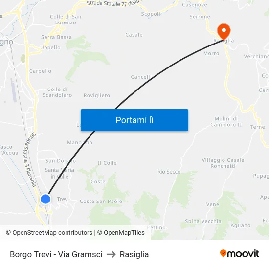 Borgo Trevi - Via Gramsci to Rasiglia map