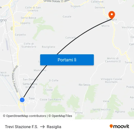 Trevi Stazione F.S. to Rasiglia map