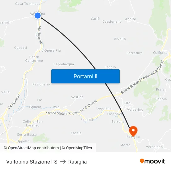 Valtopina Stazione FS to Rasiglia map