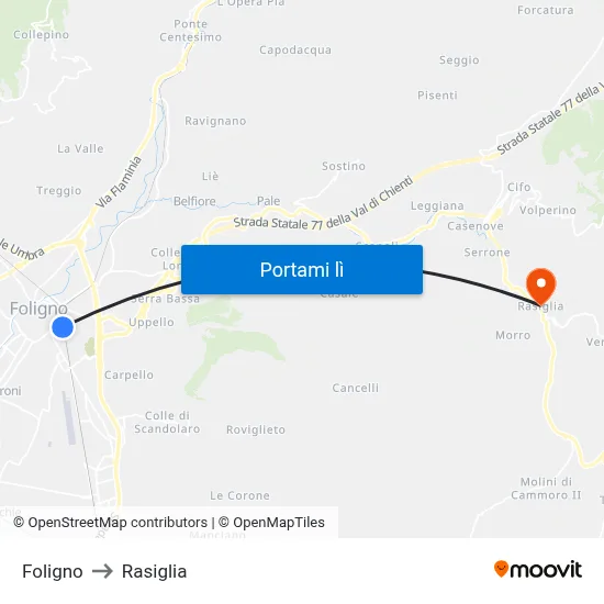 Foligno to Rasiglia map
