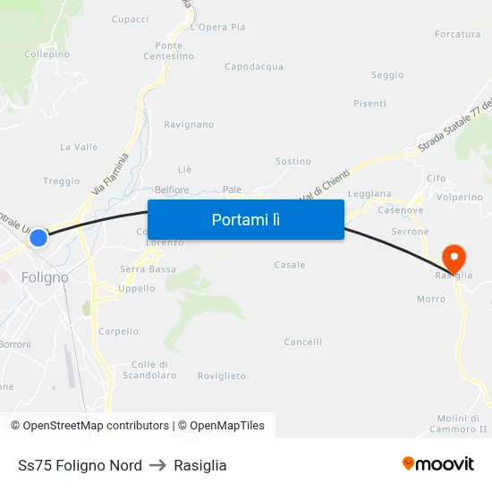 Ss75 Foligno Nord to Rasiglia map