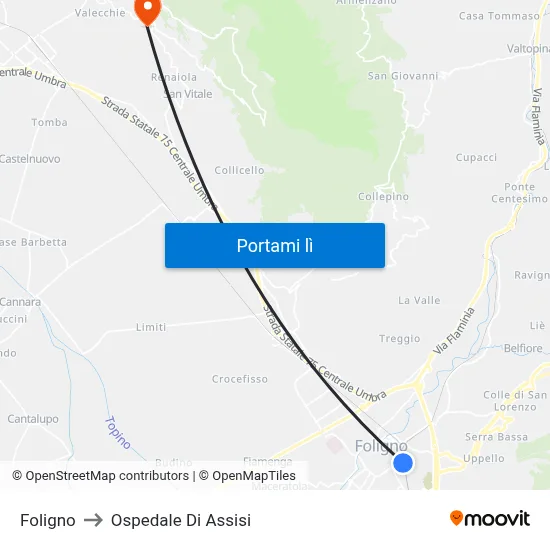 Foligno to Ospedale Di Assisi map