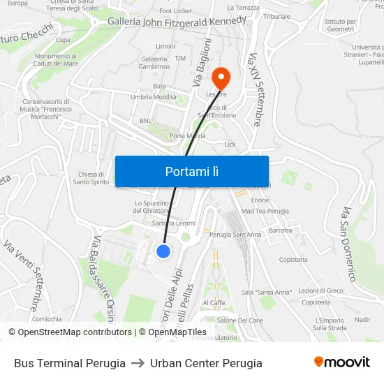 Bus Terminal Perugia to Urban Center Perugia map