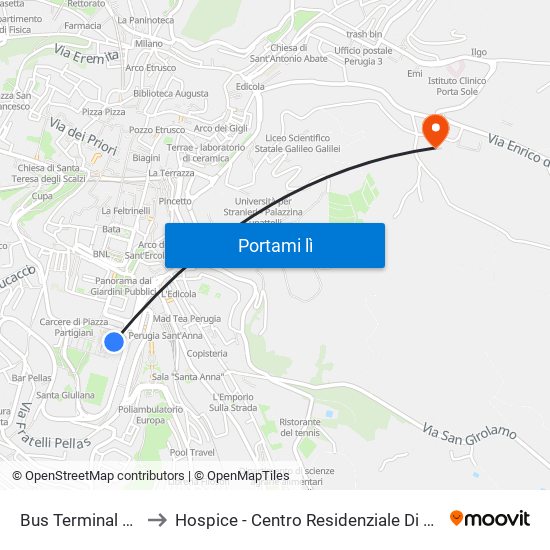 Bus Terminal Perugia to Hospice - Centro Residenziale Di Cure Palliative map