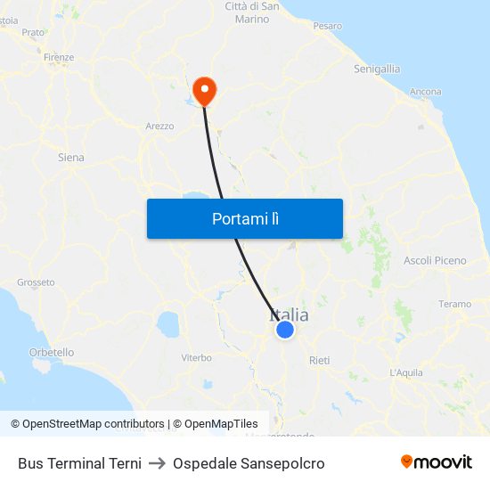 Bus Terminal Terni to Ospedale Sansepolcro map