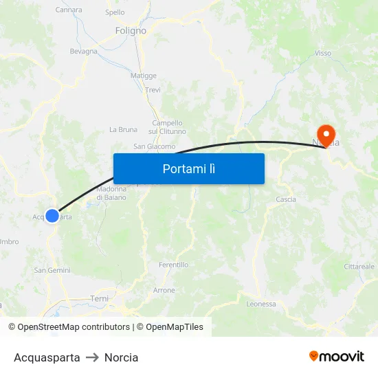 Acquasparta to Norcia map