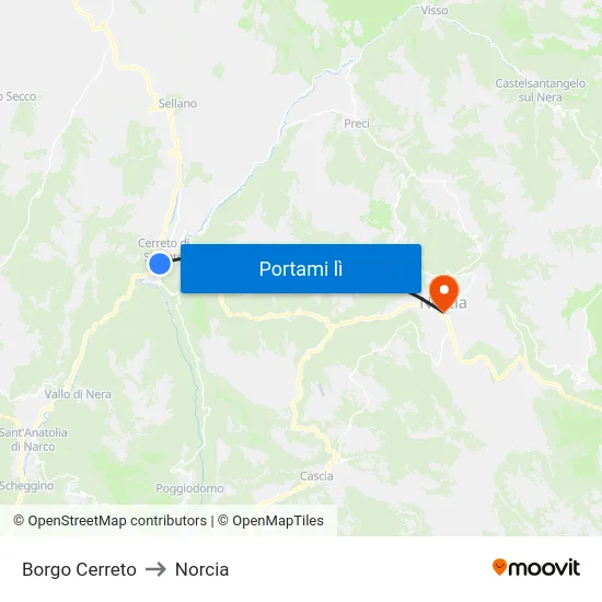 Borgo Cerreto to Norcia map