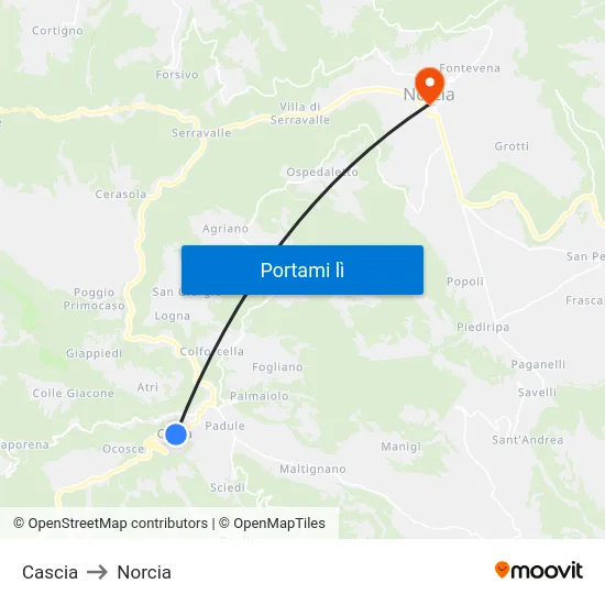 Cascia to Norcia map