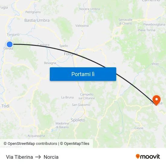Via Tiberina to Norcia map
