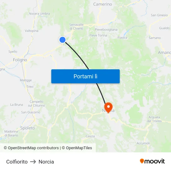 Colfiorito to Norcia map