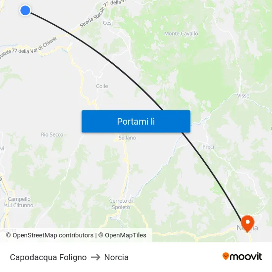 Capodacqua Foligno to Norcia map