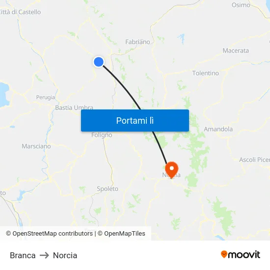 Branca to Norcia map