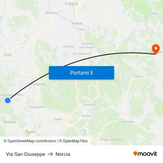 Via San Giuseppe to Norcia map