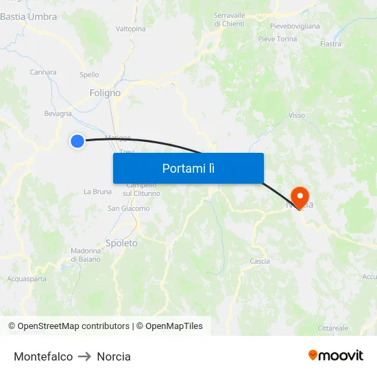 Montefalco to Norcia map