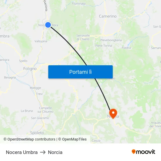 Nocera Umbra to Norcia map