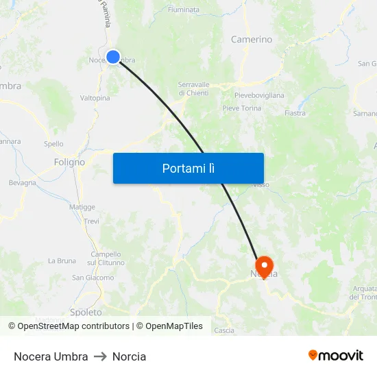 Nocera Umbra to Norcia map