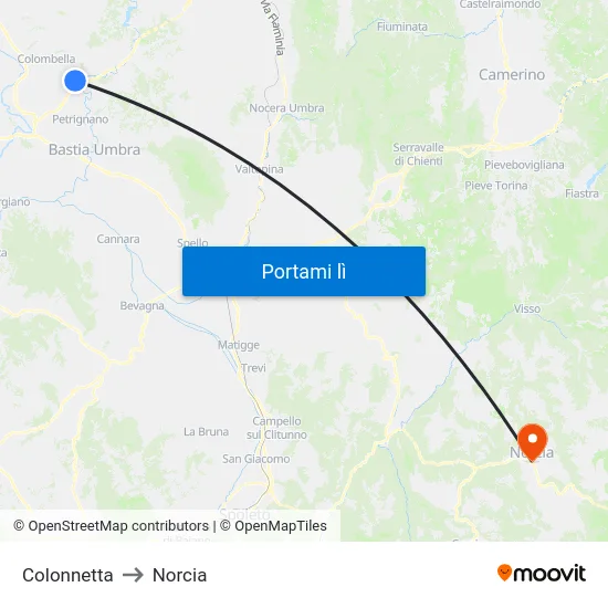 Colonnetta to Norcia map