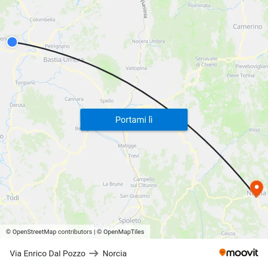 Via Enrico Dal Pozzo to Norcia map