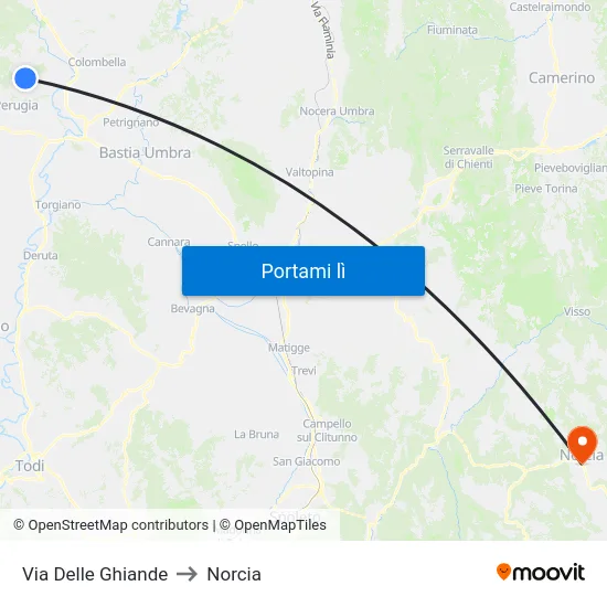 Via Delle Ghiande to Norcia map