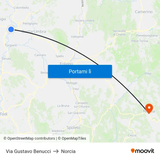 Via Gustavo Benucci to Norcia map