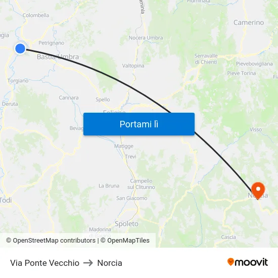 Via Ponte Vecchio to Norcia map