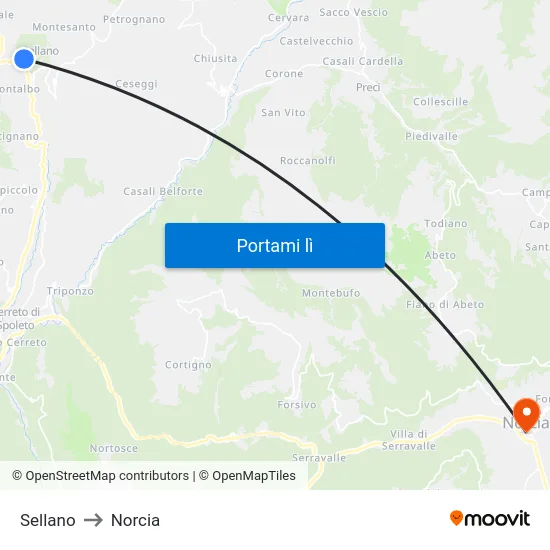Sellano to Norcia map