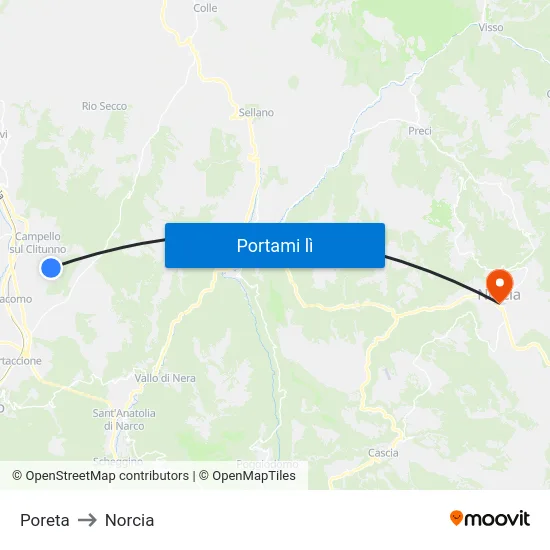 Poreta to Norcia map