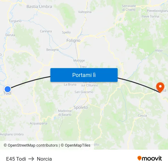 E45 Todi to Norcia map