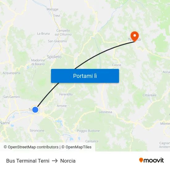 Bus Terminal Terni to Norcia map