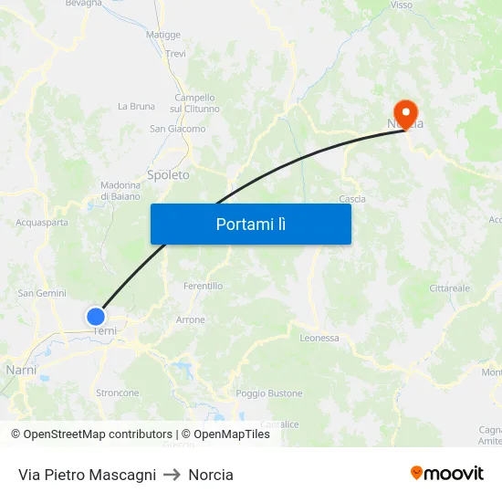 Via Pietro Mascagni to Norcia map