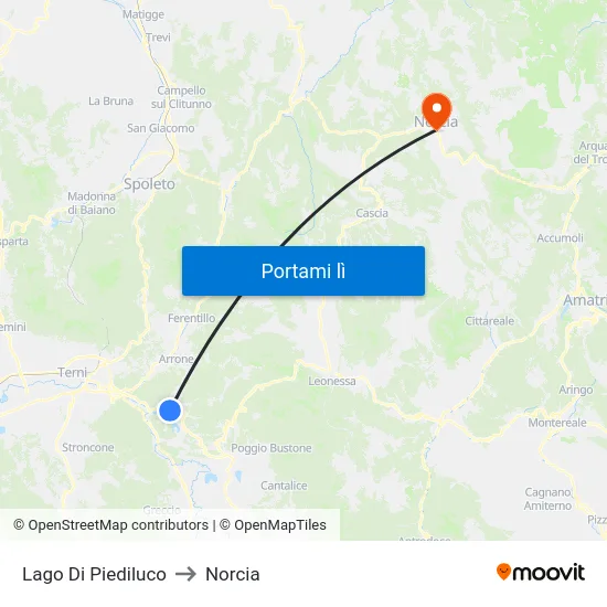 Lago Di Piediluco to Norcia map