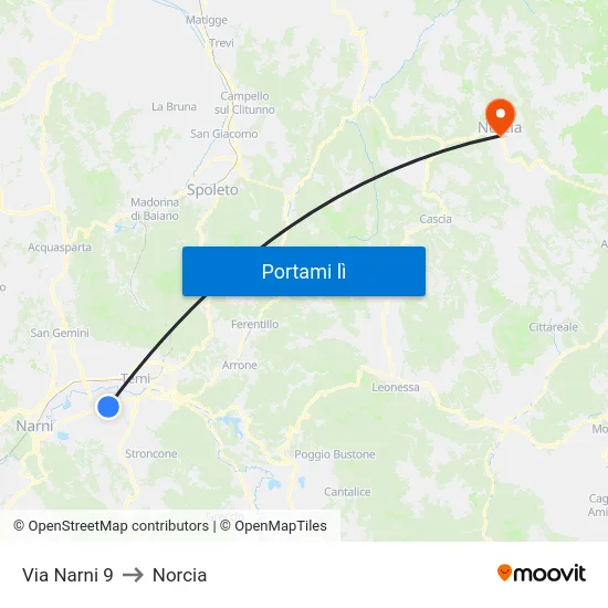 Via Narni 9 to Norcia map